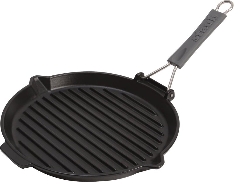 Staub Round Grill Pan 27 cm with Silicon Handle - Cast Iron, Black Matt Enamel - Image 1